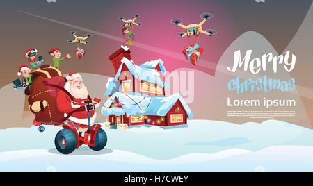 Santa Claus With Sack Ride Electric Segway Scooter, Elf Flying On Drone Present Delivery Christmas Holiday New Year Banner Flat  Stock Vector