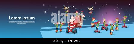 Santa Claus With Sack Ride Electric Segway Scooter, Elf Flying On Drone Present Delivery Christmas Holiday New Year Banner Flat  Stock Vector