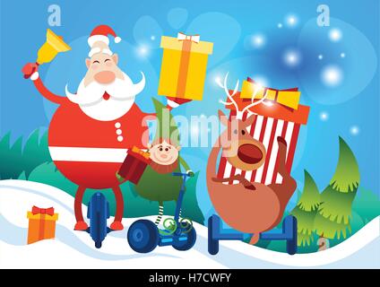 Santa Claus Reindeer Elf Ride Electric Mono Wheel Christmas Holiday Happy New Year Greeting Card Flat Vector Illustration Stock Vector