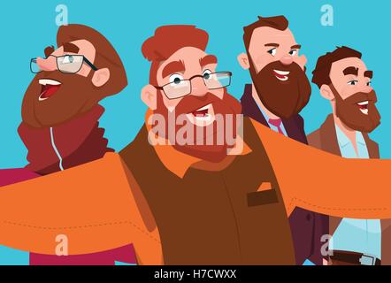 Bearded Business Man Group Taking Selfie Photo On Smart Phone Flat Vector Illustration Stock Vector