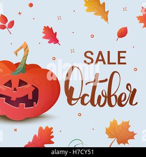 Banner of autumn sale and other typography flyer template with lettering. Bright fall leaves. Halloween sale offer design templa Stock Vector