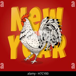 Rooster vector illustration. The inscription Happy New Year on red background. Rooster symbol of 2017 on the eastern calendar. Stock Vector
