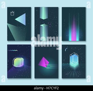 Set of vector backgrounds  neon space 80s style crystals Stock Vector