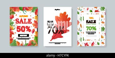 Set of autumn sale sign typography flyer. Bright autumn leaves for sale. Poster, cards, labels, banners design. Vector illustrat Stock Vector