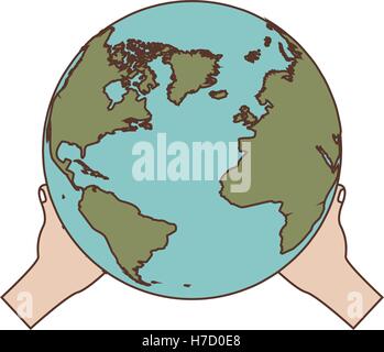 hand holding a earth planet icon over white background. world globe sphere. vector illustration Stock Vector