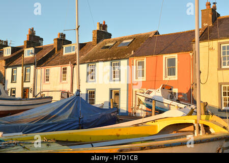 Isle of Whithorn - colourful painted cottages houses around the harbour, Dumfries and Galloway Stock Photo