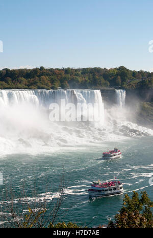Two Maid of the Mist tourist boats pass each other near  the American Falls as seen from  Niagara Falls Canada Stock Photo