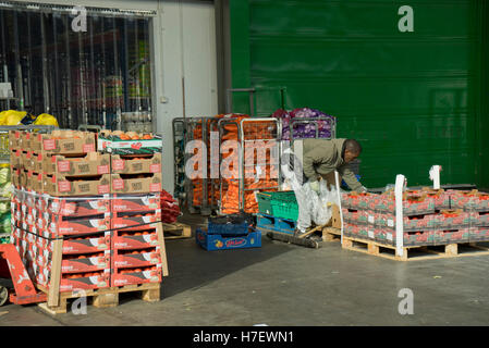 Worker packing vegetables at the New Covent Garden vegetable and fruit market. Vauxhall, London, UK Stock Photo