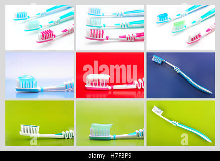 Set of multicolored toothbrushes on colored backgrounds Stock Photo