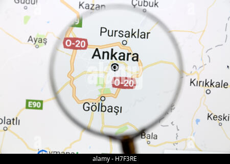 Map of Ankara on Google Maps under a magnifying glass Stock Photo