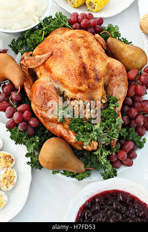 Thanksgiving Turkey with side dishes of deviled eggs, corn, mashed potatoes, and cranberry sauce. Image shot from above. Stock Photo