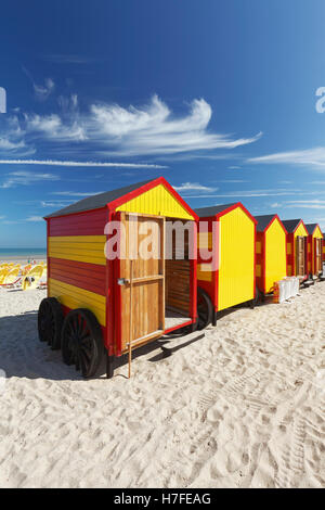 Colorful beach huts on De Panne Beach, Belgian Coast, West Flanders, Flanders, Belgium Stock Photo