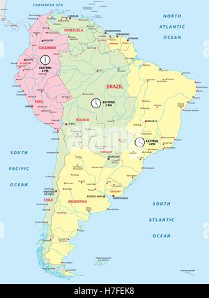 south america map with time zones Stock Vector