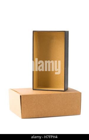 Open and closed two cardboard Box or brown paper package box isolated with soft shadow on White background Stock Photo