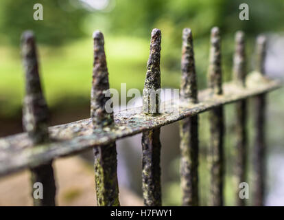 Very old, rusty spikes on a cast iron railing. Stock Photo