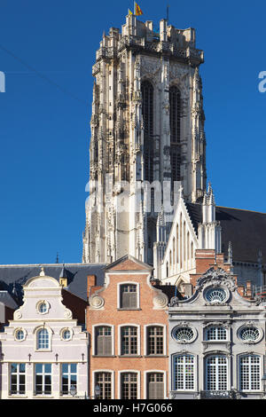 Bell Tower of the Saint Rumbold's Cathedral from the Grote Markt in Mechelen, Belgium. Stock Photo