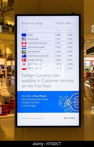 Display of exchange rates for the Bureau de Change services. Greater London. UK. Stock Photo