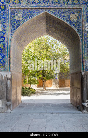 one arch at Jameh Mosque with tree showing through Stock Photo