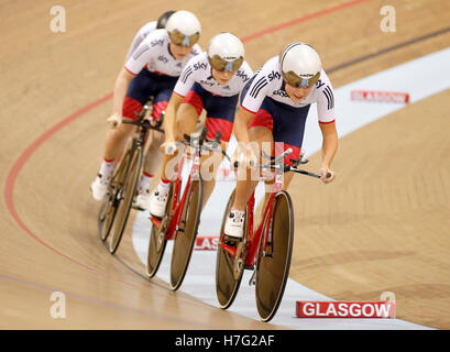 Great Britain's (from left to right) Emily Nelson, Emily Kay, Eleanor Dickinson and Manon Lloyd in the first round of the Women's Team Pursuit during day one of the UCI Track Cycling World Cup at the Sir Chris Hoy Velodrome, Glasgow. Stock Photo