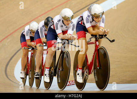 Great Britain's (from left to right) Manon Lloyd, Emily Nelson, Emily Kay and Eleanor Dickenson in the first round of the Women's Team Pursuit during day one of the UCI Track Cycling World Cup at the Sir Chris Hoy Velodrome, Glasgow. Stock Photo