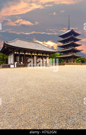 The front of the East Golden Hall, To-kondo, and five story pagoda, Goju-no-to, in Kofuku-ji Buddhist temple on beautiful sunset Stock Photo