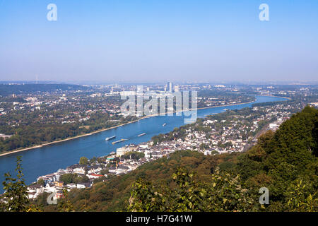 Germany, Siebengebirge, view from the Drachenfels mountain to the city of Koenigswinter and the city of Bonn. Stock Photo