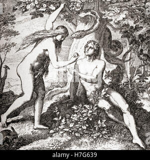 Eve tempts Adam with the apple in the garden of Eden. Stock Photo