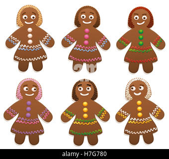 Female gingerbread man group - isolated vector illustration on white background. Stock Photo