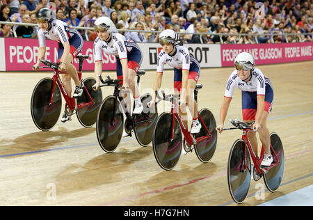 (From left to right) Great Britain's Emily Nelson, Emily Kay, Eleanor Dickinson and Manon Lloyd in the final of the Women's Team Pursuit during day one of the UCI Track Cycling World Cup at the Sir Chris Hoy Velodrome, Glasgow. Stock Photo