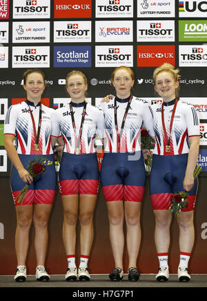 Great Britain's (from left to right) Manon Lloyd, Eleanor Dickinson, Emily Nelson and Emily Kay on the podium after winning gold in the Women's Team Pursuit during day one of the UCI Track Cycling World Cup at the Sir Chris Hoy Velodrome, Glasgow. Stock Photo