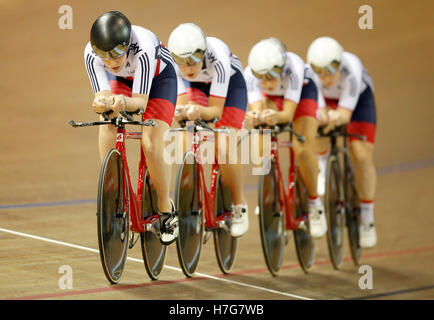 Great Britain's (from left to right) Emily Nelson, Manon Lloyd, Eleanor Dickinson and Emily Kay in the final of the Women's Team Pursuit during day one of the UCI Track Cycling World Cup at the Sir Chris Hoy Velodrome, Glasgow. Stock Photo