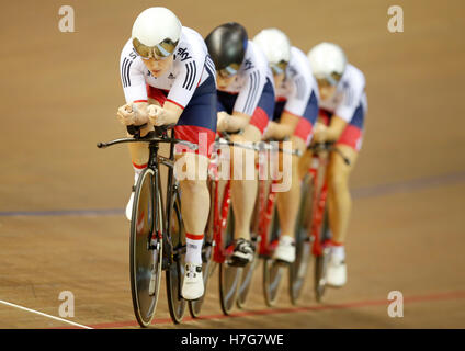 Great Britain's (from left to right) Emily Kay, Emily Nelson, Manon Lloyd and Eleanor Dickinson in the final of the Women's Team Pursuit during day one of the UCI Track Cycling World Cup at the Sir Chris Hoy Velodrome, Glasgow. Stock Photo