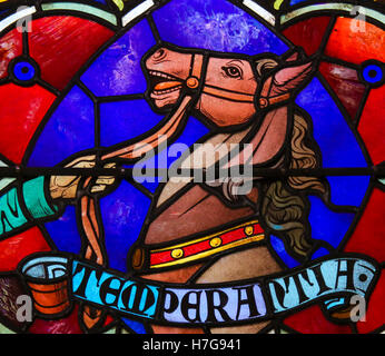 Stained Glass window representing the cardinal virtue Temperance, symbolized by horse, in the Cathedral of Saint Rumbold in Mech Stock Photo