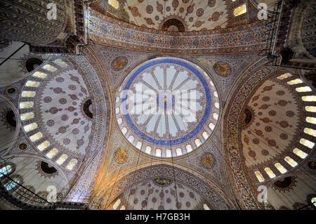 Blue Mosque, Istanbul. Wide angle view of the dome and copula from the inside with decoration of blue and red marble and tiles Stock Photo
