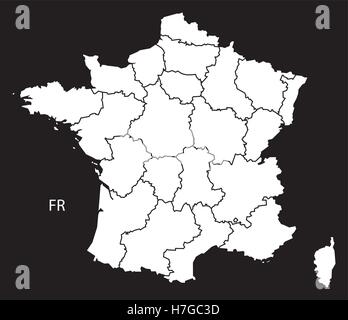 France Map with regions  black white Stock Vector