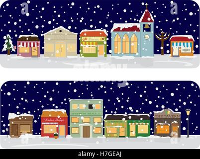 Vector Illustration of small town main street with shops, church, public buildings. Objects are grouped, text on separate layer. Stock Vector