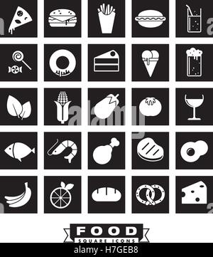 Collection of 25 solid food and drink vector icons in squares Stock Vector