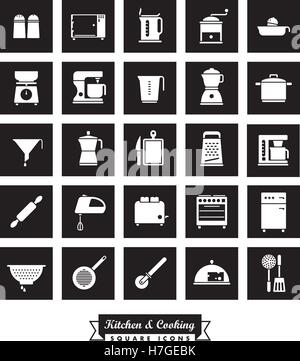Set of 25 kitchen and cooking related icons, negative in black squares Stock Vector