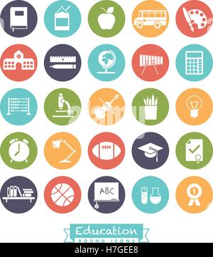 Collection of school and education related round colored vector icons Stock Vector