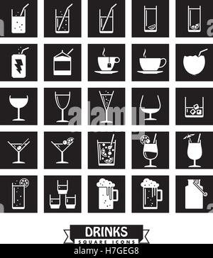 Collection of drinks and beverage icons, negative in black squares Stock Vector