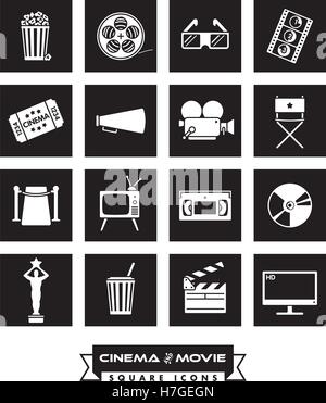 Collection of 16 cinema and movie related vector icons in black squares with rounded corners Stock Vector