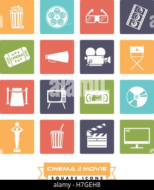 Collection of 16 cinema and movie related vector icons in colored squares with rounded corners Stock Vector