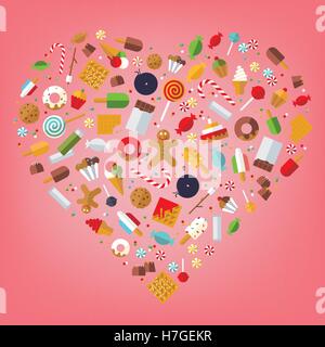 Candy, sweets, cookies, popsicles, ice cream and cakes icons arranged in heart shape on pink background, flat design Stock Vector