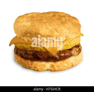 Egg Sausage and Cheese on a Buscuit Sandwich Stock Photo