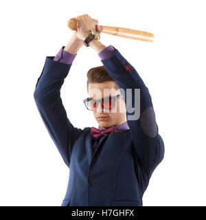 Man in suit with baseball bat Stock Photo