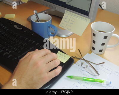 The activity 'Pair programming' in extreme programming and scrum illustrated by two coffee cups and a note with the pairs for sp Stock Photo