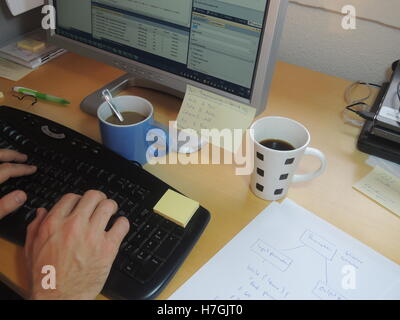 The activity 'Pair programming' in extreme programming and scrum illustrated by two coffee cups and a note with the pairs for sp Stock Photo