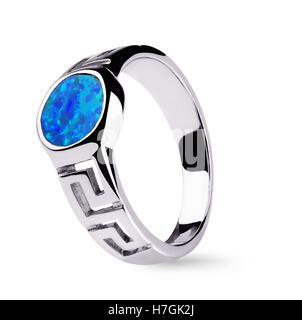 Silver ring with blue diamonds isolated on white background Stock Photo
