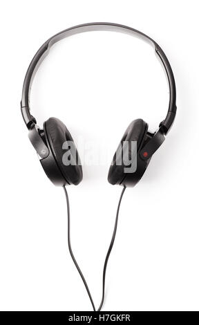 Black headphones with wires isolated on white background Stock Photo