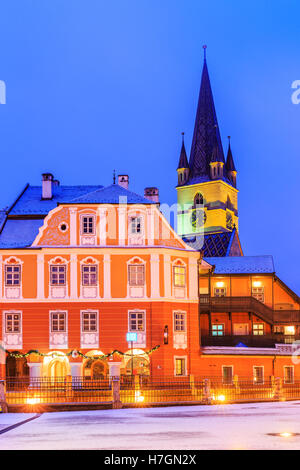 Evangelical Cathedral in Sibiu at twilight. Transylvania, Romania Stock Photo